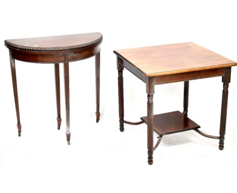 An early 20th century mahogany square occasional table with lower shelf and cross stretchers, on tapering slender fluted supp