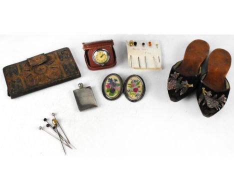 Various mixed collectibles to include a pair of embroidered children's Middle Eastern slippers, various scarf pins, a miniatu