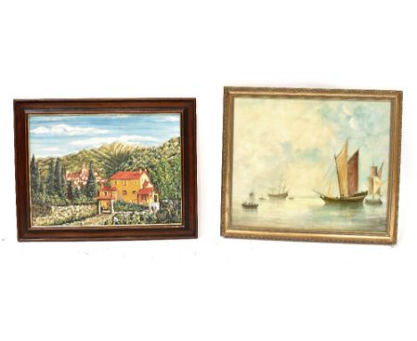 A group of seven artworks in various media to include indistinctly signed; a Continental mountainous landscape scene in the I