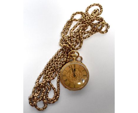 An 18ct yellow gold open faced crown wind fob watch with Roman numerals to the chapter ring and engraved to the cuvette 'Palf