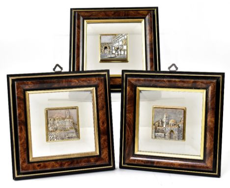 SAAD (Israeli); three framed panels in relief depicting various views of Jerusalem to include 'The Wailing Wall' with figures