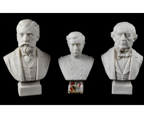 Three late 19th/early 20th century Parian ware busts, Disraeli by Robinson &amp; Leadbetter, impressed 'R&amp;L', in lozenge 