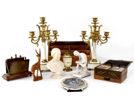 A pair of reproduction gilt metal candelabra on marble-effect bases, a Parian ware bust of a Victorian lady, a wooden letter 