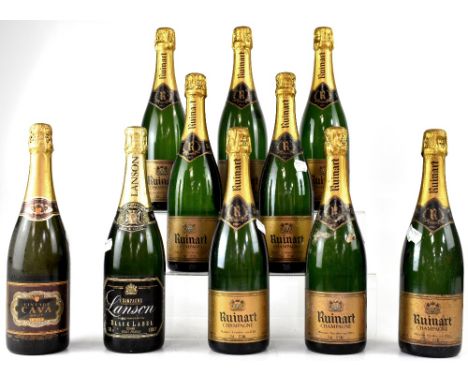 Eight bottles of Ruinart Champagne Brut, a bottle of Lanson Black Label Champagne and a bottle of vintage Cava Brut 1996 (10)