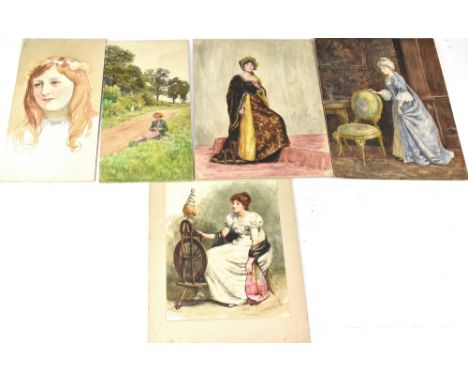 EDWARD OCTAVIUS DAVEY (British, late 19th century); five watercolours on board depicting portraits of women in various poses,