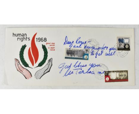 MOTHER THERESA (SAINT THERESA OF CALCUTTA); a signed and inscribed first day cover with postmark for 1968. CONDITION REPORT T