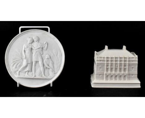 A Bing &amp; Grondahl (Royal Copenhagen) Parian ware plaque of courting farm workers in Classical Greek costume at harvest ti