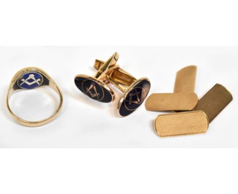 A pair of 9ct yellow gold and blue enamelled cufflinks (approx 8.5g), a signet ring with blue enamelled Masonic symbols to th