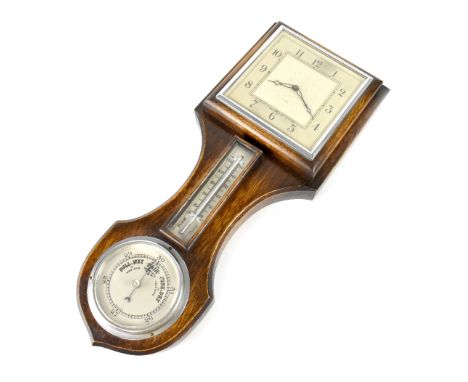 An early 20th century wall hanging clock/barometer, the top set with a square dial, with silvered chapter ring and Arabic num