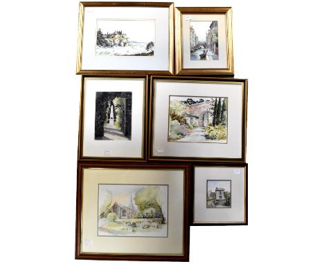 Six various landscape and architectural watercolours, including Gordon Wilkinson, Marion Tuffney, Trevor Waugh, etc, various 