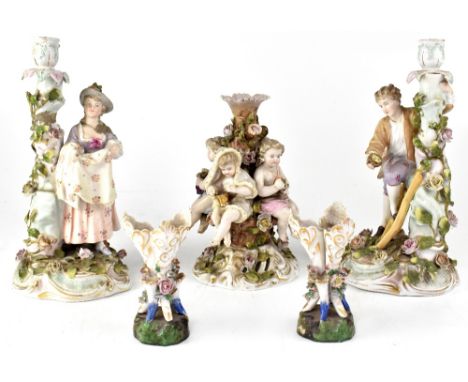 Various items of 19th century Continental porcelain to include a pair of circular bisque wall plaques depicting lovers, unmar