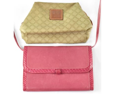 A Celine Paris khaki and brown leather purse/small clutch bag, length 19cm and a Roland Pierre Italian shocking pink shoulder