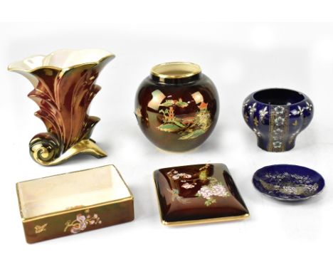 A Carltonware 'Rouge Royale' lustre ware globular form bowl and covered rectangular dish, a Crown Devon lustre vase in the fo