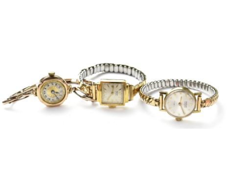 Three vintage ladies' wristwatches to include a 9ct gold example with white chapter ring and black Arabic numerals, on 9ct go