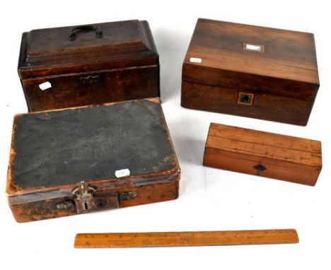 A 19th century walnut tea caddy with sarcophagus shaped top and swing handle, a rosewood writing slope lacking interior, a sm