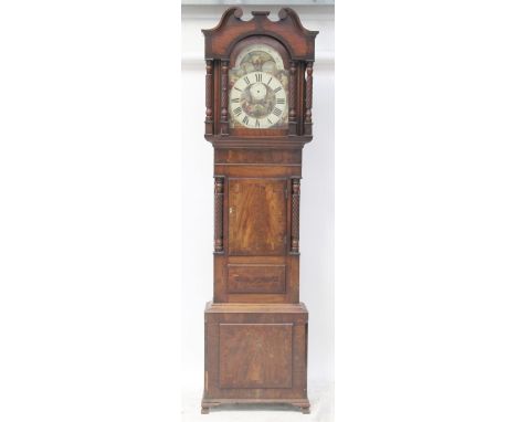 R Roberts, Bangor; a 19th century mahogany eight-day longcase clock, curved pediment above moon phase to figural painted dial