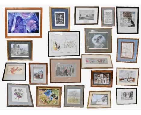 A quantity of prints and watercolours to include after John Denniel Maddock 'Liscard Manor House', framed cigarette cards, I 