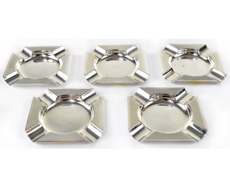 Five Elizabeth II hallmarked silver square ashtrays with raised engine turned decoration, 8 x 8cm, Mappin &amp; Webb, Sheffie