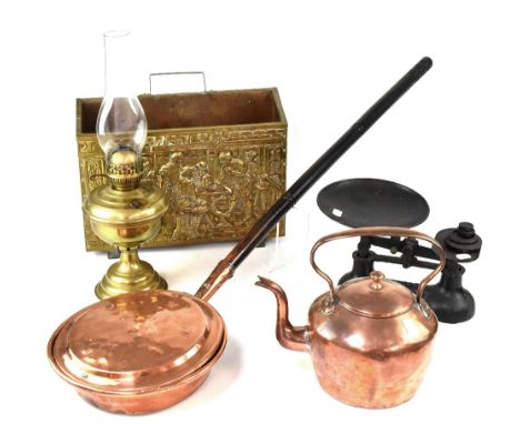 A quantity of brass, copper and silver-plated ware to include a warming pan, teapots, candelabra, iron ware, also a brass oil