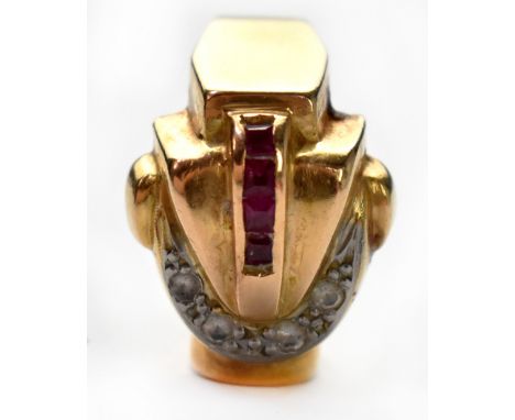 A gentlemen's 18ct gold Art Deco ruby ring, the moulded head set with four small square rubies with a crescent of small white