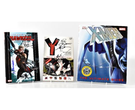 STAN LEE; two signed publications comprising Marvel 'Hawkeye' with two further signatures to cover and Vertigo 'The Last Man'
