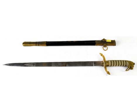 A 19th century naval short dress sword, 45cm blade engraved with a crowned anchor and royal coat of arms, wire-bound leather 