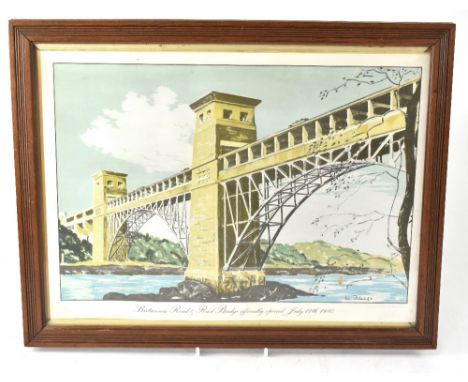 AFTER L BLEASE; a colour lithograph 'Britannia Road and Rail Bridge Officially Opened July 11th 1980', 30 x 40cm, framed and 