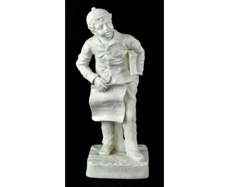 A late 19th/early 20th century Robinson &amp; Leadbetter Parian ware figure of an Edwardian newspaper boy holding wad of news