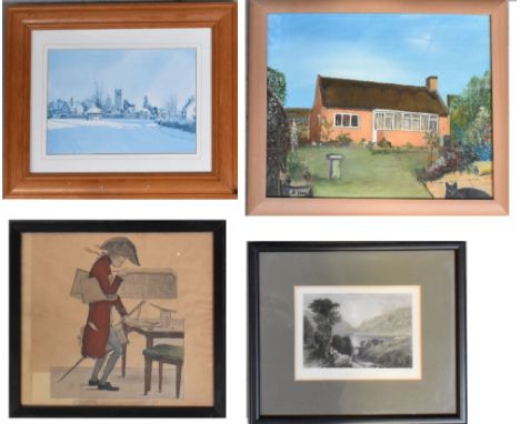 Twenty-two various prints, watercolours, tapestries and photographic reproductions to include after Rowlandson; a scholar, Ch