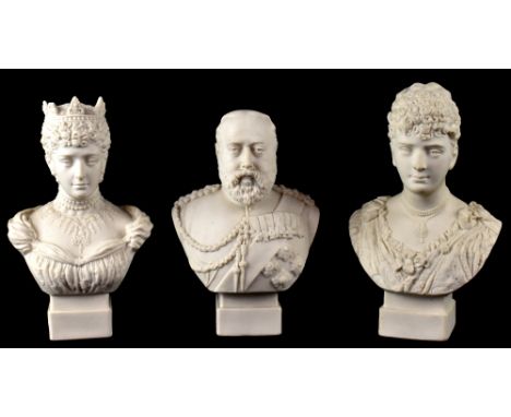 Three c1901 Robinson &amp; Leadbetter busts of Edward VII and Queen Alexandra, the Edward VII example impressed verso 'R&amp;