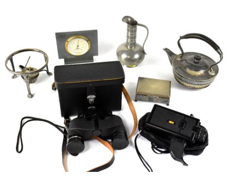 Various collectibles to include a pair of Highland 8x35 binoculars, a Rototherm tabletop slate barometer, a plated cigarette 