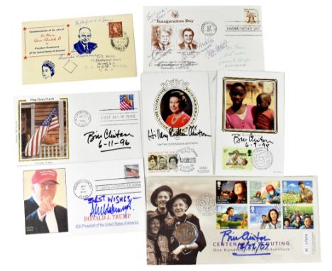 AMERICAN POLITICS; a group of signed first day covers and postcards including Dwight Eisenhower, Bill Clinton (x3), one Hilar