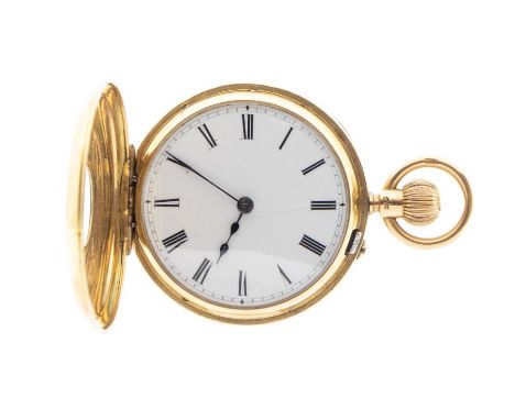 An 18ct gold half hunter pocket watch, round enamel white dial, approx 32mm, black Roman numeral markers, the case with blue 