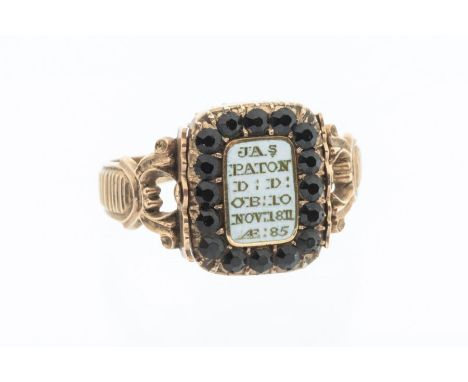 A George III pearl, enamel and gold swivel mourning ring, the front with rectangular plaited glazed hair compartment with hal