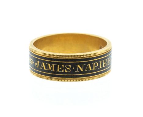 A George III 18ct gold and enamel mourning ring, with black enamel centre inscribed 'James. Napier. Paton. OB. 4 April 1818',