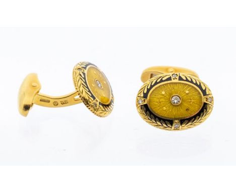 Fabergé - a pair of contemporary limited edition 18ct gold enamel and diamond oval cufflinks, the centre set with a round bri