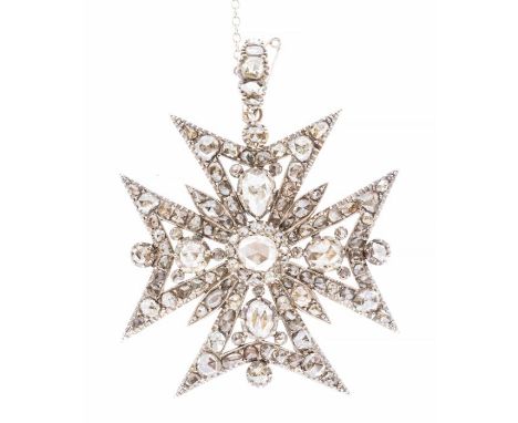 A Victorian diamond and silver Maltese cross, comprising rose cut diamonds, the centre set with a round rose cut diamond with