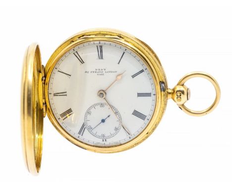 An early 20th century 18ct gold hunter pocket watch, Dent London, white enamel dial with Roman numeral markers, subsidiary di