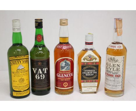 A Selection Of Scotch Whisky Five Bottles ,To Include Cutty Sark, Glen Gyle, Stewarts Cream Of The Barley, Vat 69, Macdonald'