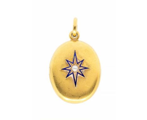 A Victorian unmarked yellow metal locket, oval form with blue enamel star decoration, set to the centre with a half pearl, si