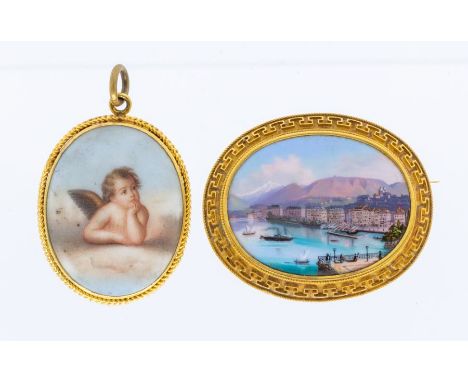 A 19th Century enamel and unmarked yellow metal brooch, painted with a scene of Geneva, oval form within a gold border with G