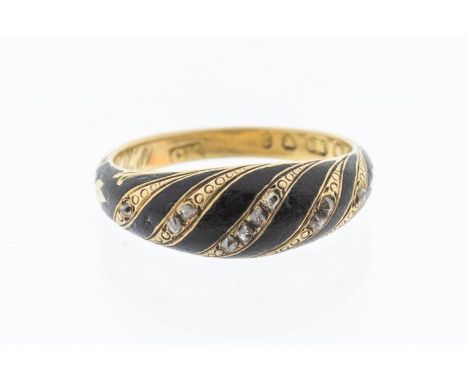 A Victorian 18ct gold and enamel diamond set mourning ring, comprising alternate diagonal black enamel and diamond set gold d