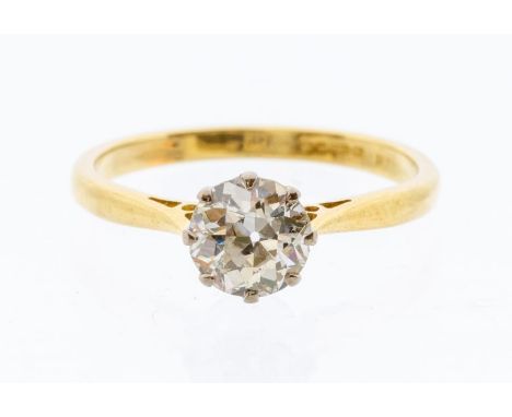 A diamond and 18ct gold solitaire ring, comprising a claw set old cut diamond, weighing approx. 0.90ct, assessed colour G/H, 