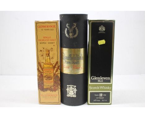 Three Bottles Of Whisky To Include A Bottle Of Glenfiddich Pure Malt Scotch Whisky, Glenleven malt Scotch Whisky, Glenmorangi