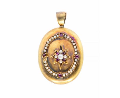 A Victorian ruby and pearl set yellow metal locket, oval form with star decoration set to the centre with a half pearl and ru