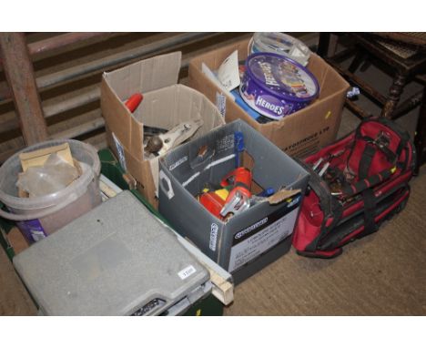 Four boxes and a tool bag of various hand tools etc