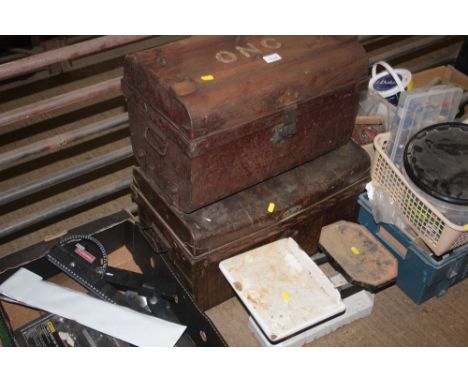 Two tin trunks; together with a set of scales