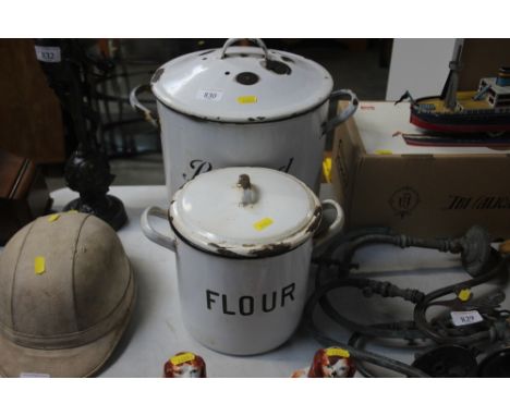 An enamel bread bin (AF); together with a flour bin (AF)