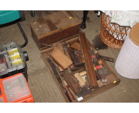 A wooden crate of various tools; together with a wooden box