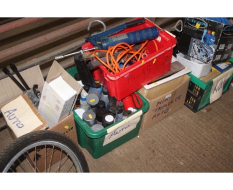 Five boxes of various spray paints; hand tools; fittings etc